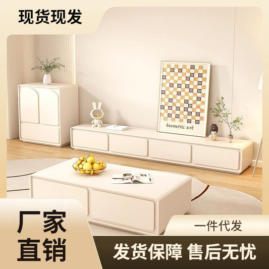 Cream Style TV Cabinet Coffee Table Combination Simple Modern Small Apartment Living Room Home Light Luxury Floor Cabinet TV Cabinet